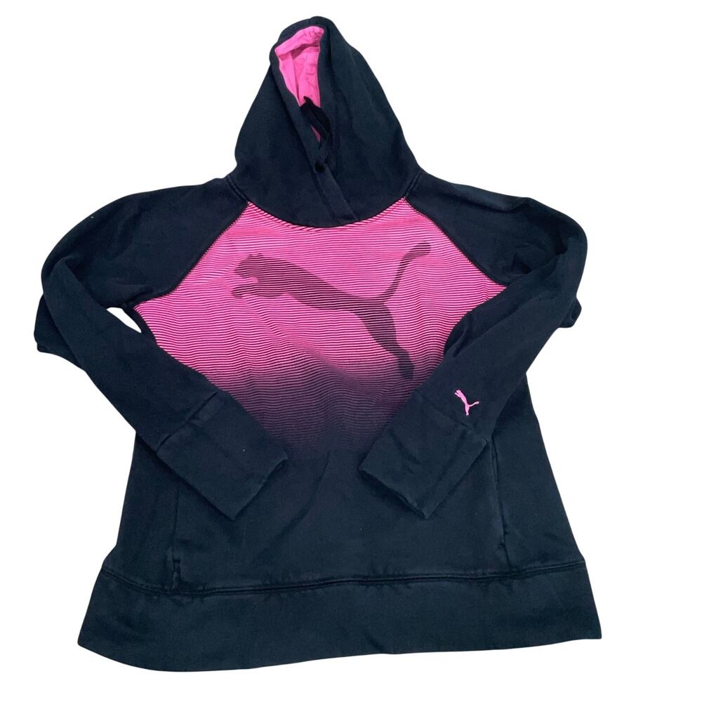 Puma Pullover Hoodie Women’s Large Black Pink Big Logo Cotton Blend